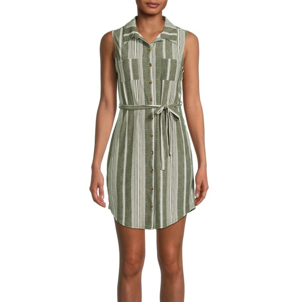 No Boundaries Green Sleeveless Vertical Striped Wrap Button-Down Shirt Dress XS